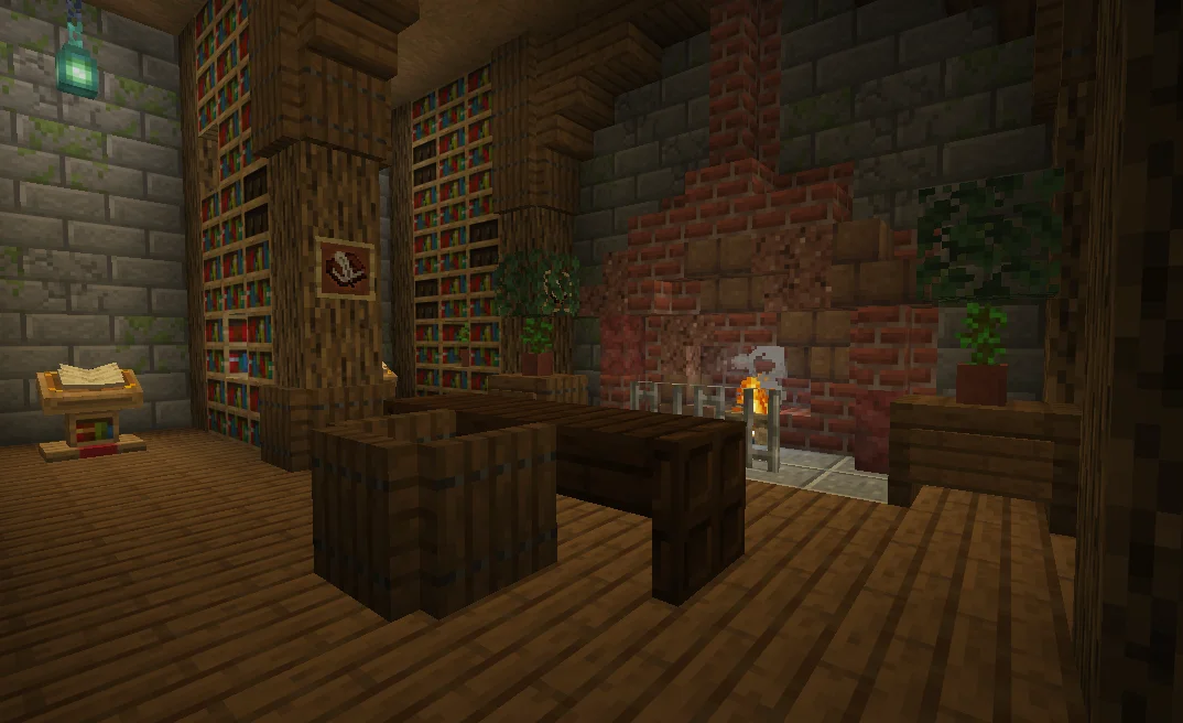 A new fireplace room during the stream. It is a warm and quiet place with bookshelves, wooden furniture, plants, and a large brick fireplace.

This room was made to feel comfortable and peaceful. It can be a nice place to relax, meet other players, or just enjoy the atmosphere.